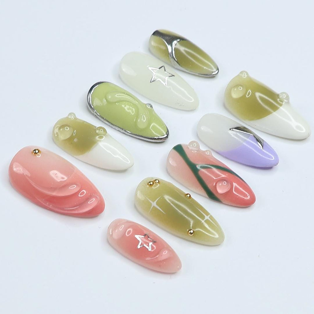 Green & Pink Almond Press-On Nails with 3D Bubbles, Metallic Stars, Gradient Design, Handmade Y2K Nail Set for a Trendy Look or Gift for Her