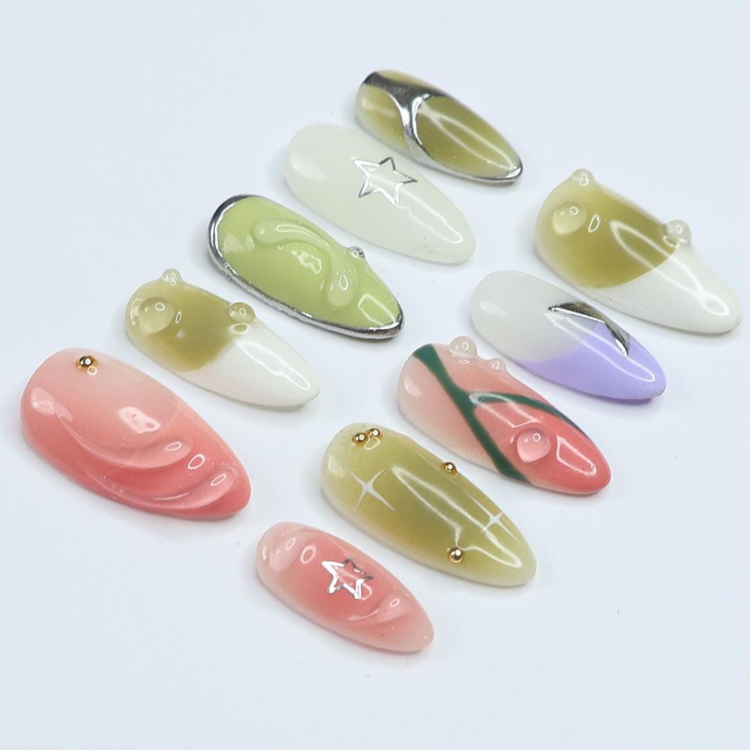 Green & Pink Almond Press-On Nails with 3D Bubbles, Metallic Stars, Gradient Design, Handmade Y2K Nail Set for a Trendy Look or Gift for Her
