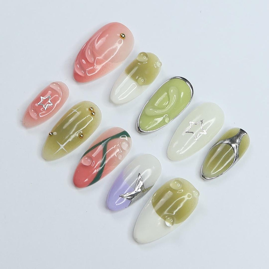 Green & Pink Almond Press-On Nails with 3D Bubbles, Metallic Stars, Gradient Design, Handmade Y2K Nail Set for a Trendy Look or Gift for Her