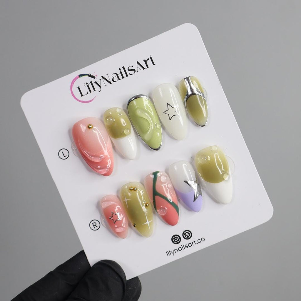 Green & Pink Almond Press-On Nails with 3D Bubbles, Metallic Stars, Gradient Design, Handmade Y2K Nail Set for a Trendy Look or Gift for Her