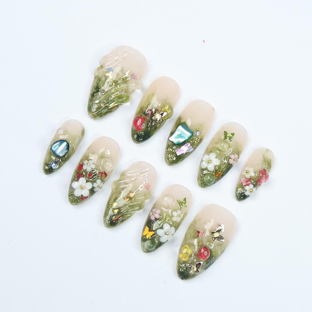 Handmade Forest-Inspired Press On Nails With Green Ombre, 3D Flowers Accents And Gems, Elegant Almond Nail Set, Perfect For Gifts & Events