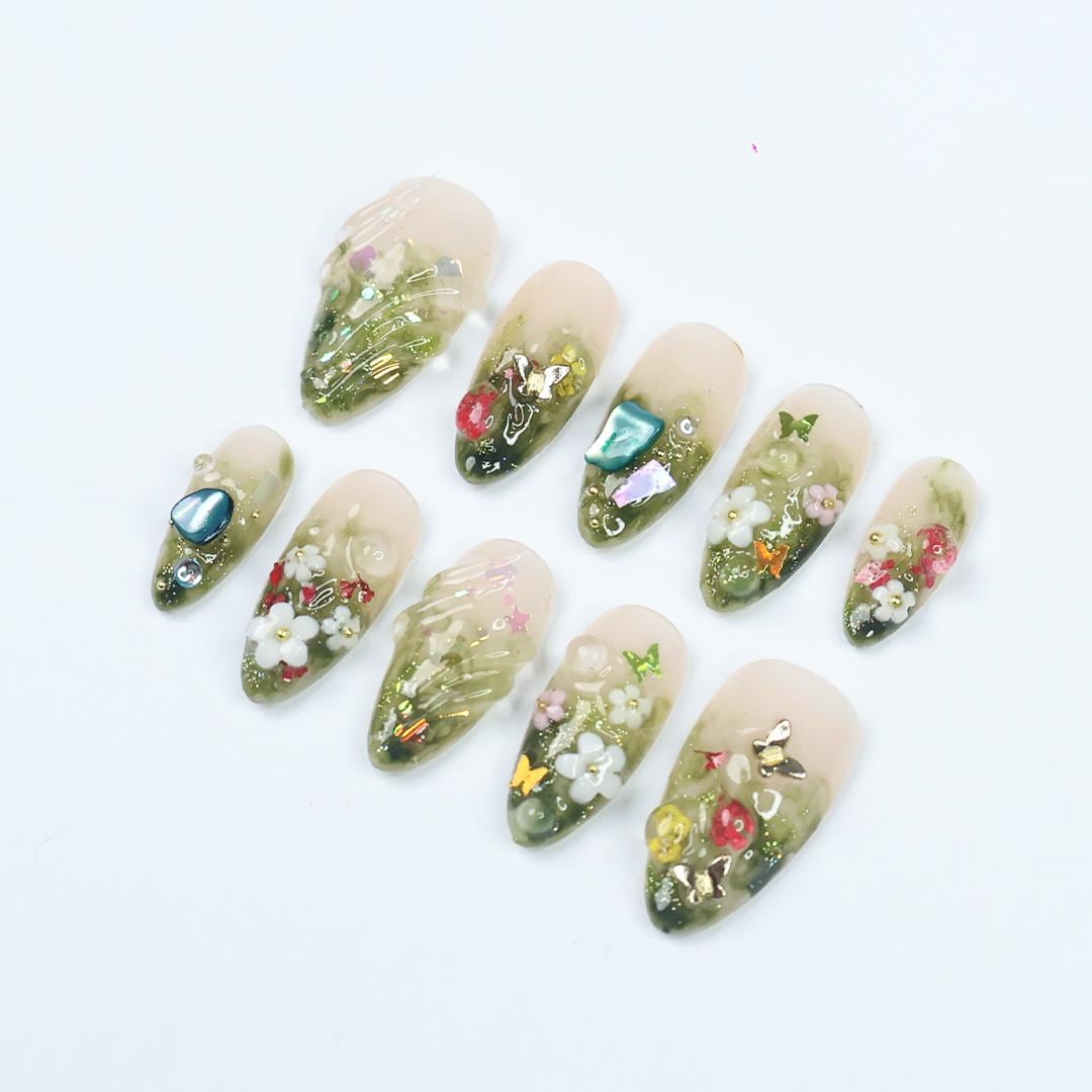 Handmade Forest-Inspired Press On Nails With Green Ombre, 3D Flowers Accents And Gems, Elegant Almond Nail Set, Perfect For Gifts & Events