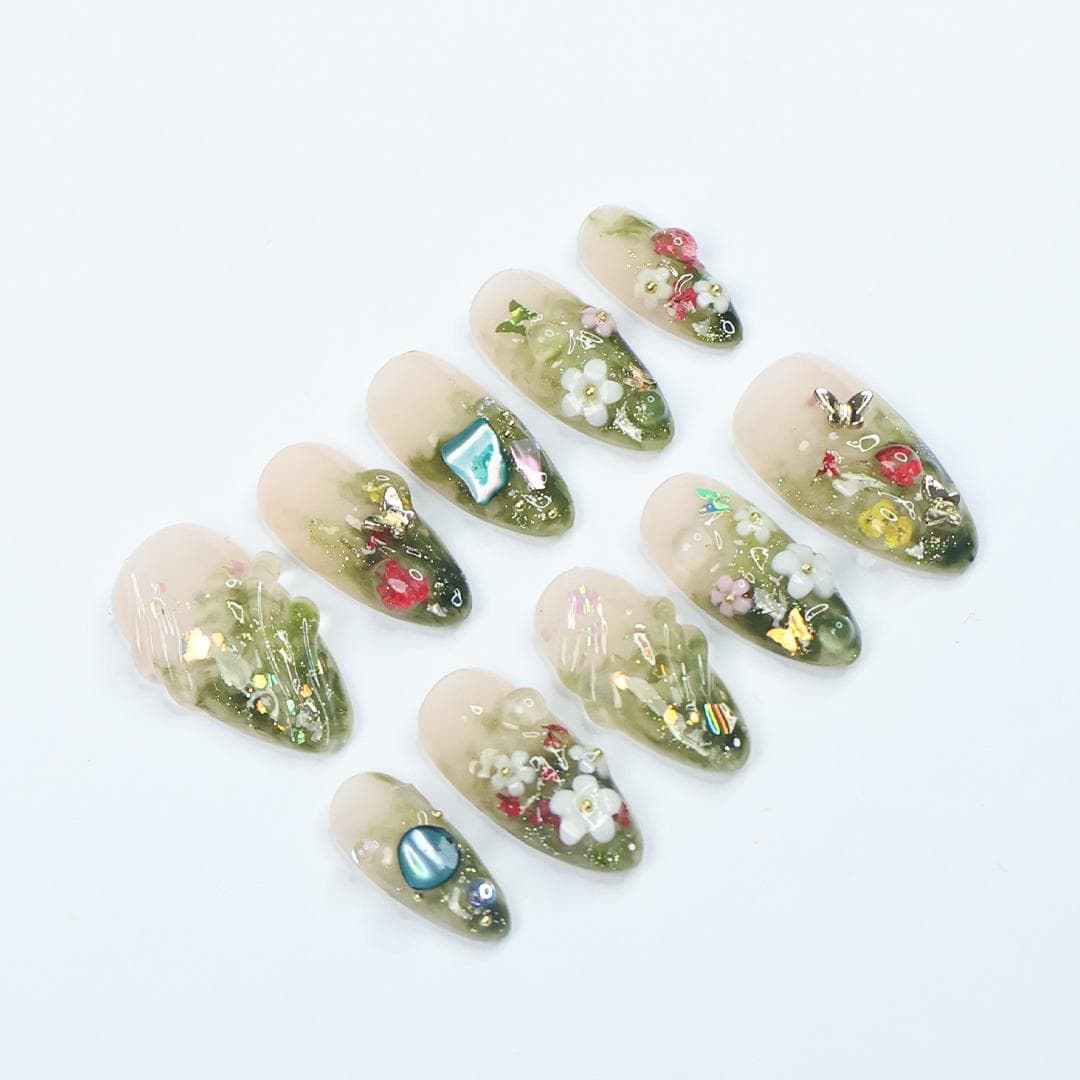 Handmade Forest-Inspired Press On Nails With Green Ombre, 3D Flowers Accents And Gems, Elegant Almond Nail Set, Perfect For Gifts & Events