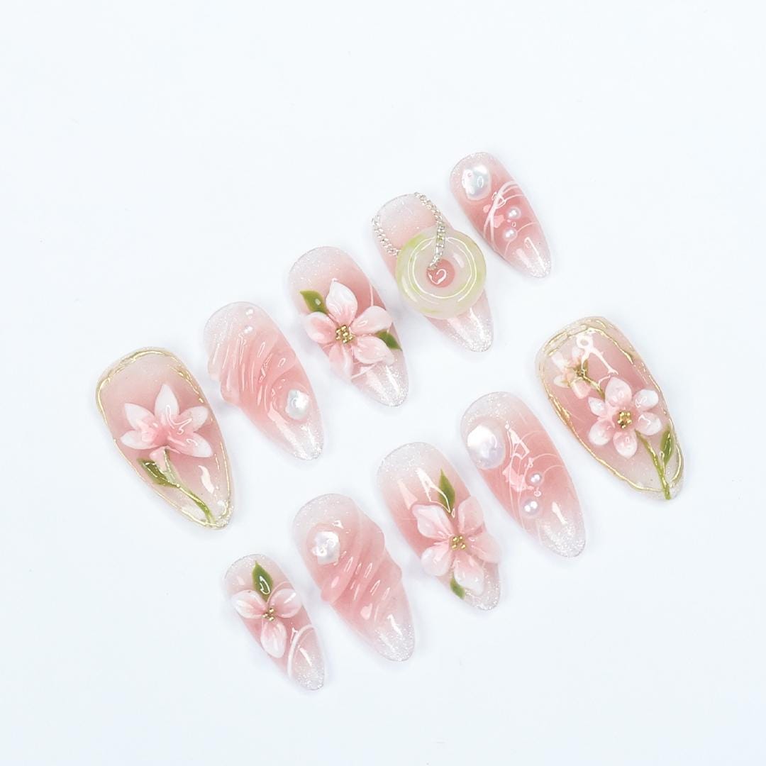 Romantic Pink Floral Almond Press On Nails With 3D Flowers, Gold Accents, Pearl, Ring Details, Handmade Luxury Nail Set for Gifts And Events
