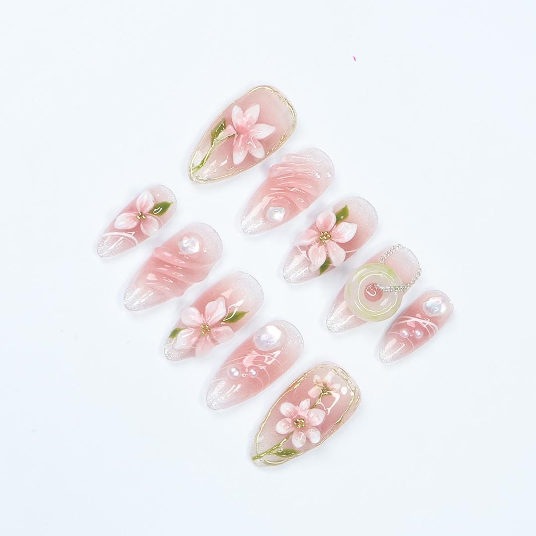 Romantic Pink Floral Almond Press On Nails With 3D Flowers, Gold Accents, Pearl, Ring Details, Handmade Luxury Nail Set for Gifts And Events