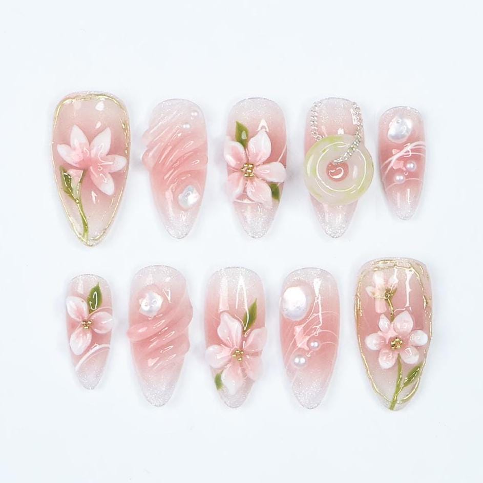 Romantic Pink Floral Almond Press On Nails With 3D Flowers, Gold Accents, Pearl, Ring Details, Handmade Luxury Nail Set for Gifts And Events