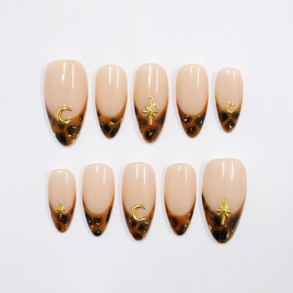 Tortoise French Tip Almond PressOn Nail With Gold Star & Moon Accents, Handmade Trendy Nail Set For Everyday Wear, Special Occasions, Gifts