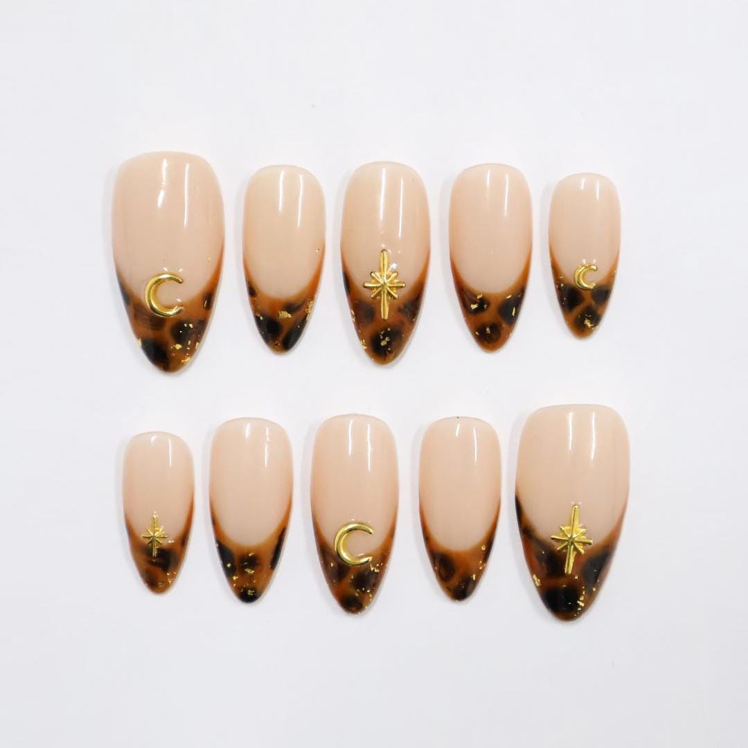Tortoise French Tip Almond PressOn Nail With Gold Star & Moon Accents, Handmade Trendy Nail Set For Everyday Wear, Special Occasions, Gifts