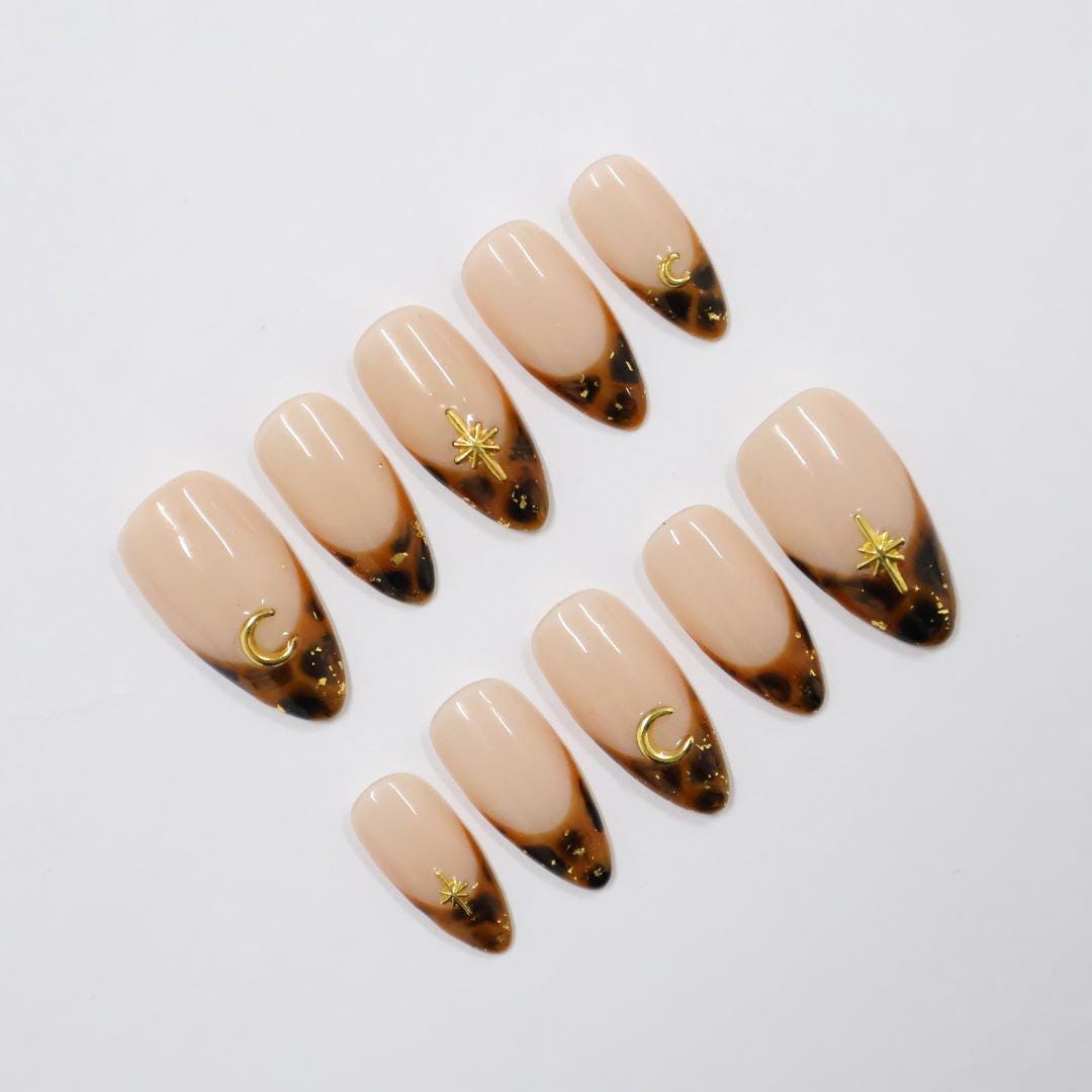 Tortoise French Tip Almond PressOn Nail With Gold Star & Moon Accents, Handmade Trendy Nail Set For Everyday Wear, Special Occasions, Gifts