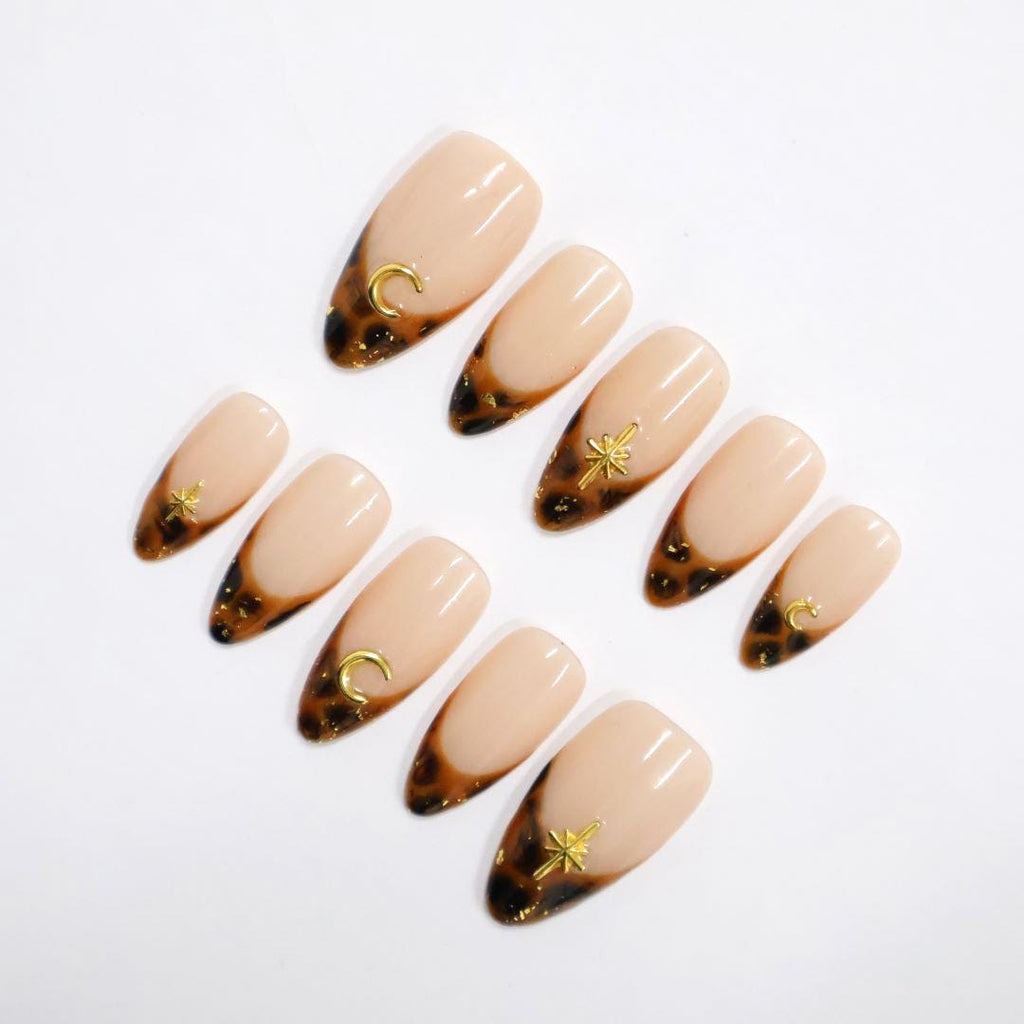 Tortoise French Tip Almond PressOn Nail With Gold Star & Moon Accents, Handmade Trendy Nail Set For Everyday Wear, Special Occasions, Gifts