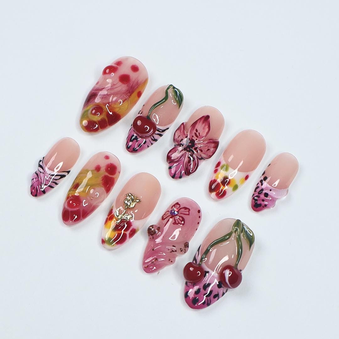 Cherry Blossom PressOn Nail With 3D Cherries, Floral & Abstract Patterns, Handmade Trendy Almond Nail Set for Fashion Lovers Or Gift For Her