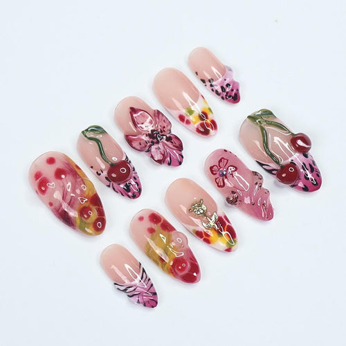 Cherry Blossom PressOn Nail With 3D Cherries, Floral & Abstract Patterns, Handmade Trendy Almond Nail Set for Fashion Lovers Or Gift For Her