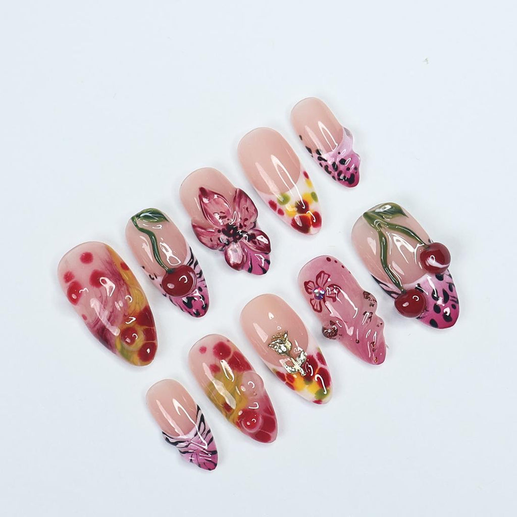 Cherry Blossom PressOn Nail With 3D Cherries, Floral & Abstract Patterns, Handmade Trendy Almond Nail Set for Fashion Lovers Or Gift For Her
