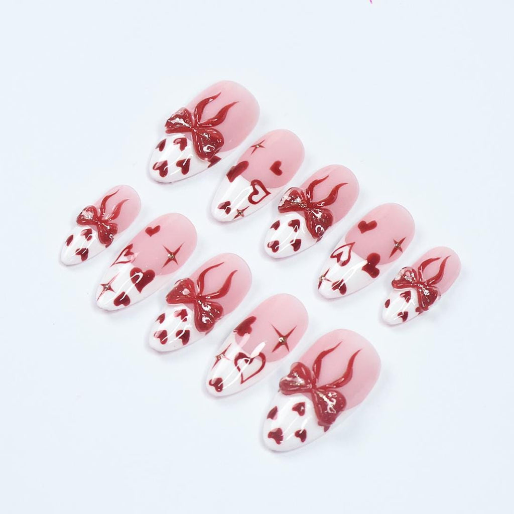 Romantic Pink & Red Press On Nails With 3D Bows, Hearts, Glossy Finish - Handmade Almond Nail Set For A Cute Look, Perfect Gift For Her