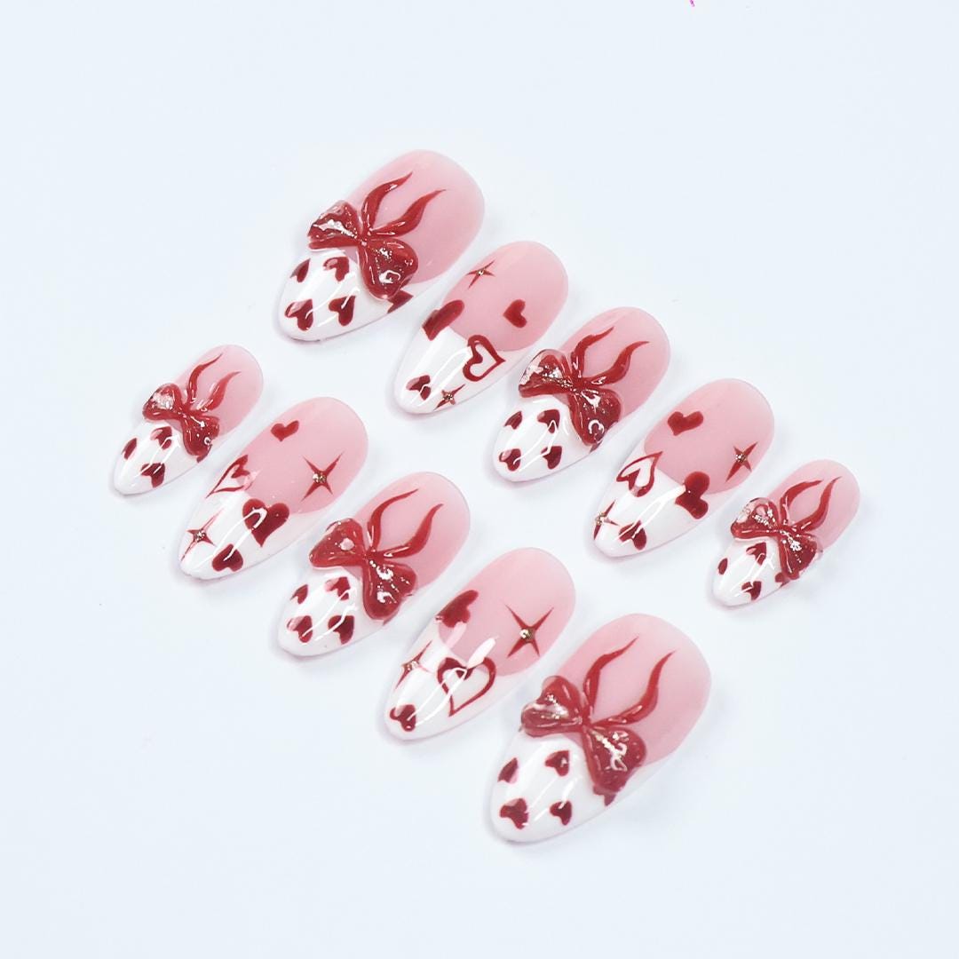 Romantic Pink & Red Press On Nails With 3D Bows, Hearts, Glossy Finish - Handmade Almond Nail Set For A Cute Look, Perfect Gift For Her