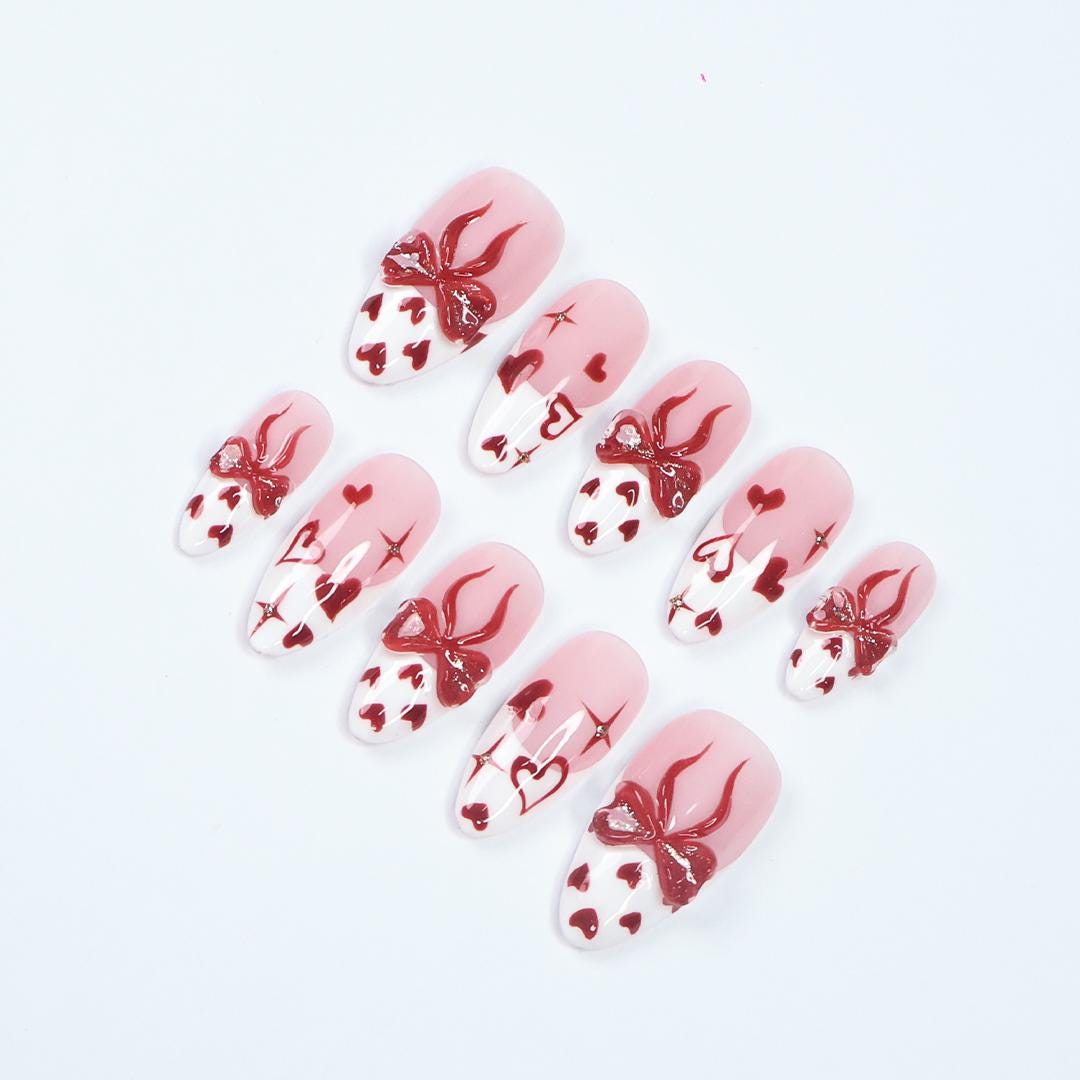 Romantic Pink & Red Press On Nails With 3D Bows, Hearts, Glossy Finish - Handmade Almond Nail Set For A Cute Look, Perfect Gift For Her