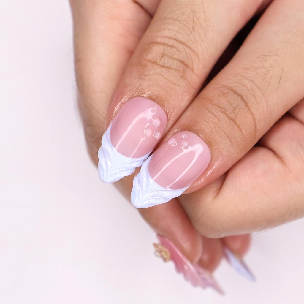 Handmade Floral Press-On Nails With Pink & Blue Ombre, 3D Flowers, Butterfly - Almond Fake Nails, Perfect For Birthdays, Events And Gifts