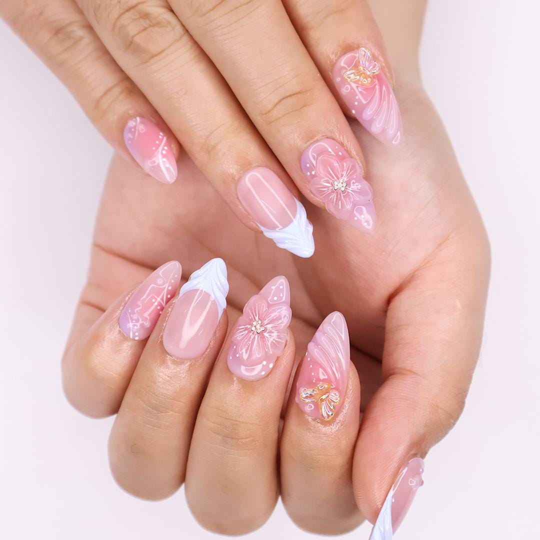 Handmade Floral Press-On Nails With Pink & Blue Ombre, 3D Flowers, Butterfly - Almond Fake Nails, Perfect For Birthdays, Events And Gifts
