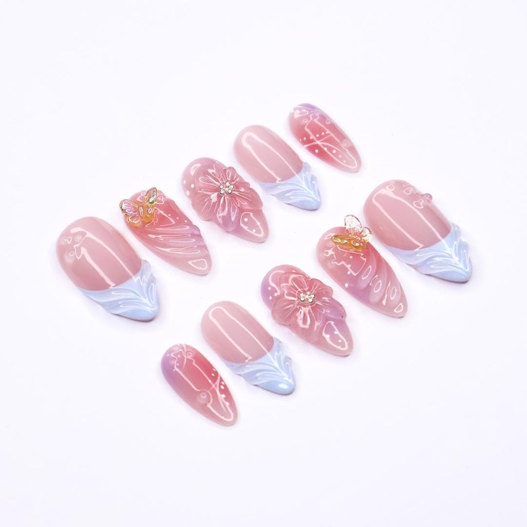 Handmade Floral Press-On Nails With Pink & Blue Ombre, 3D Flowers, Butterfly - Almond Fake Nails, Perfect For Birthdays, Events And Gifts