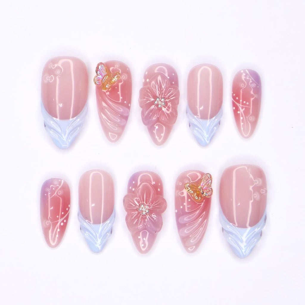 Handmade Floral Press-On Nails With Pink & Blue Ombre, 3D Flowers, Butterfly - Almond Fake Nails, Perfect For Birthdays, Events And Gifts