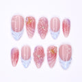 Handmade Floral Press-On Nails With Pink & Blue Ombre, 3D Flowers, Butterfly - Almond Fake Nails, Perfect For Birthdays, Events And Gifts
