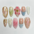 Summer Nails with 3D Flowers and Pearls, Medium Fake Press On Nails in Pastel Pink, Green & Blue for Beach Holiday or Summer Gifts