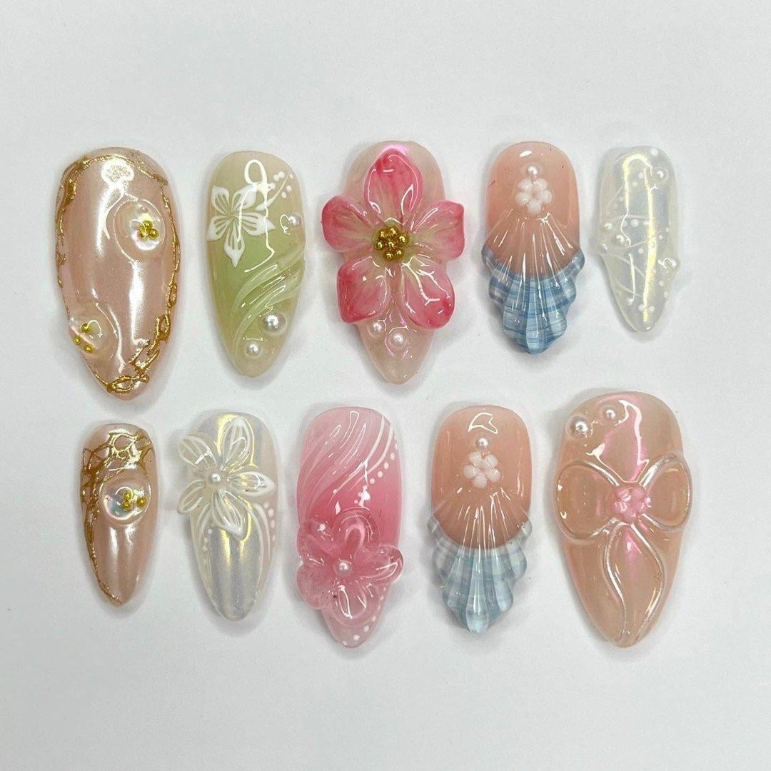 Summer Nails with 3D Flowers and Pearls, Medium Fake Press On Nails in Pastel Pink, Green & Blue for Beach Holiday or Summer Gifts