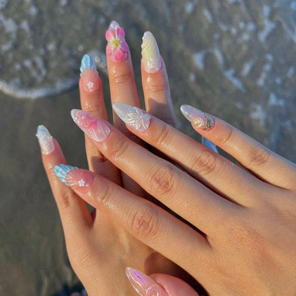Summer Nails with 3D Flowers and Pearls, Medium Fake Press On Nails in Pastel Pink, Green & Blue for Beach Holiday or Summer Gifts