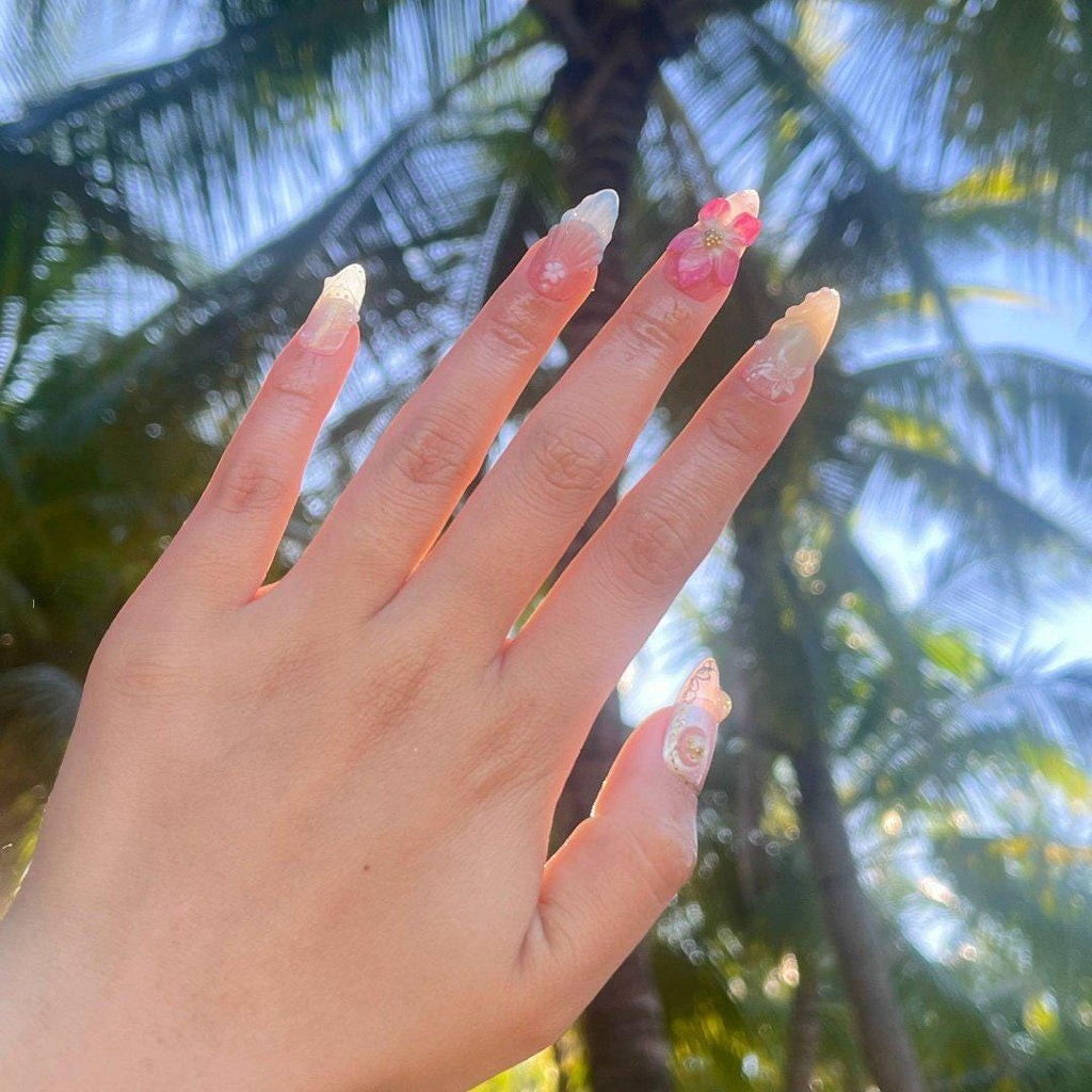Summer Nails with 3D Flowers and Pearls, Medium Fake Press On Nails in Pastel Pink, Green & Blue for Beach Holiday or Summer Gifts