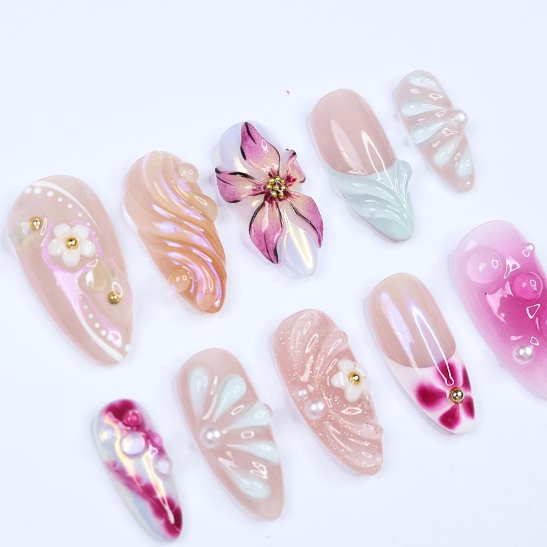 Spring Press On Nails with 3D Flower and Pearl Accents, Medium Almond Fake Nail in Pink and Nude, Elegance Nail Design for Birthday Vacation