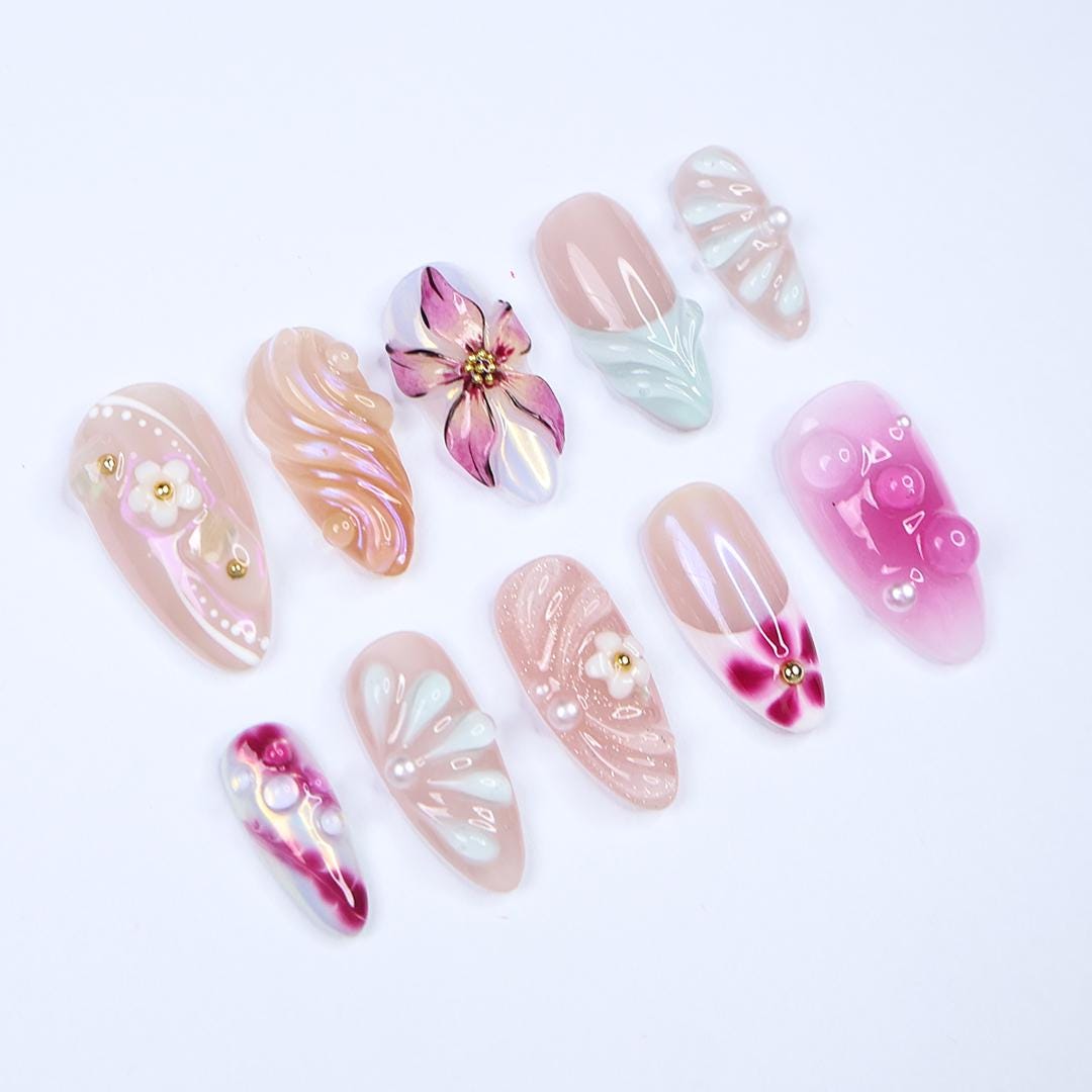 Spring Press On Nails with 3D Flower and Pearl Accents, Medium Almond Fake Nail in Pink and Nude, Elegance Nail Design for Birthday Vacation
