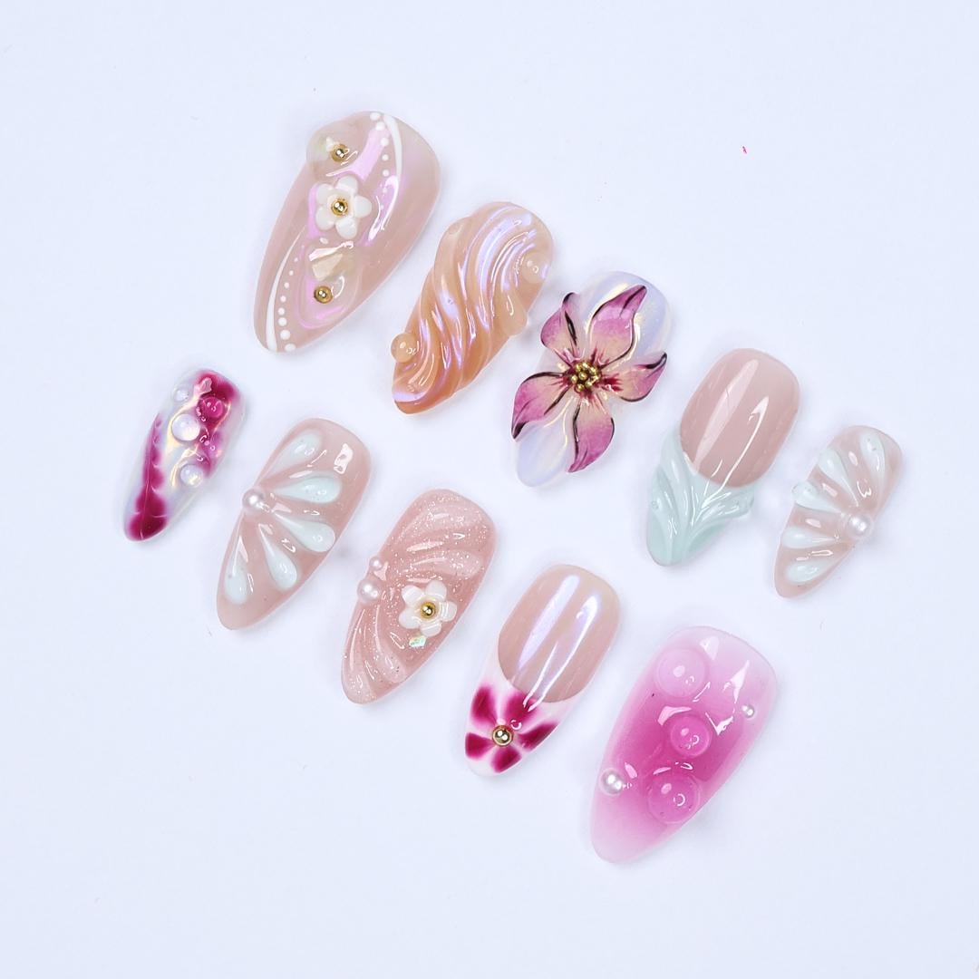 Spring Press On Nails with 3D Flower and Pearl Accents, Medium Almond Fake Nail in Pink and Nude, Elegance Nail Design for Birthday Vacation