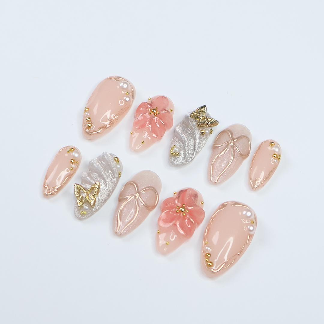 Blush Elegance Press-On Nails with 3D Flowers, Bows & Gold Details - Handmade Chic Nails for a Romantic and Glamorous Look or Gift for Her