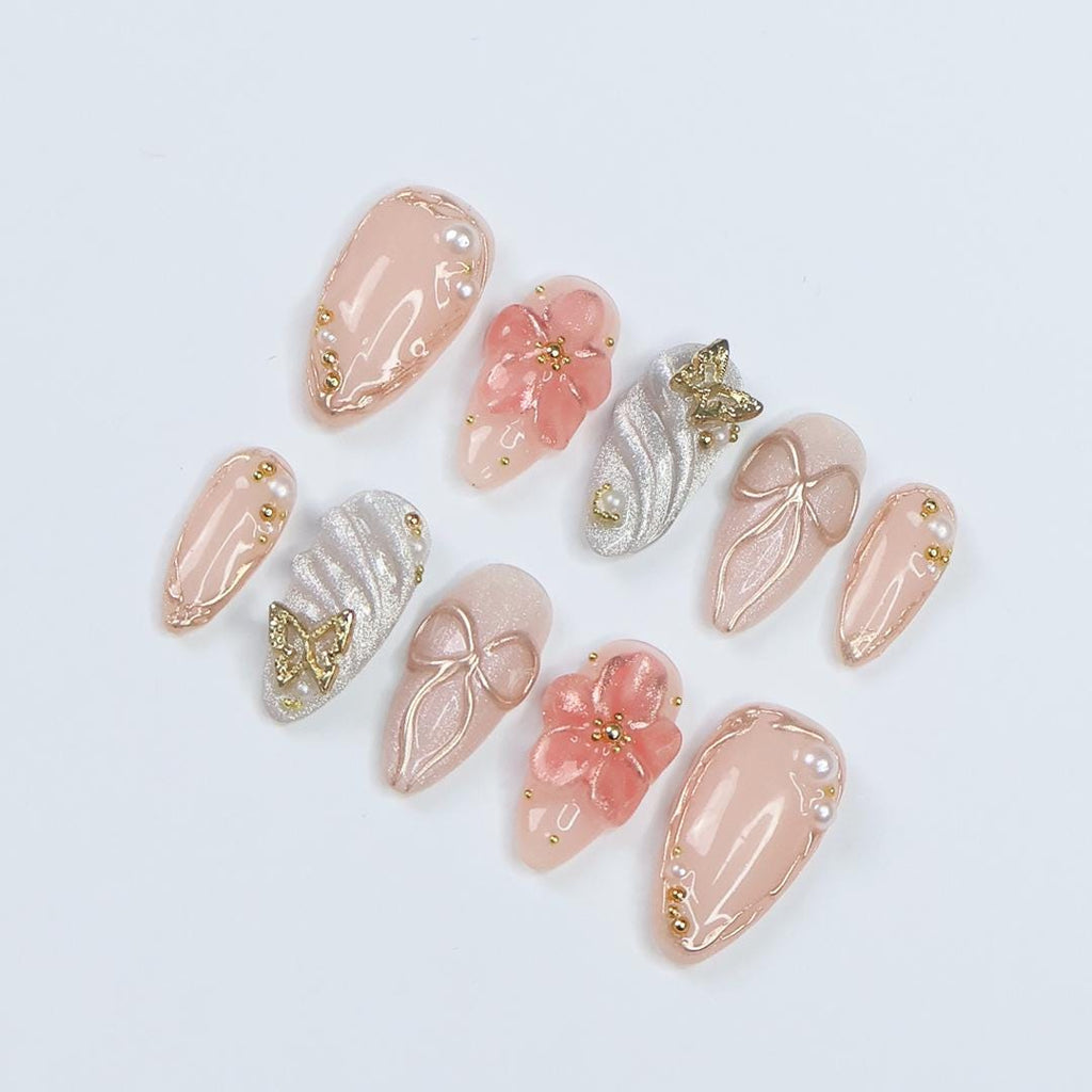 Blush Elegance Press-On Nails with 3D Flowers, Bows & Gold Details - Handmade Chic Nails for a Romantic and Glamorous Look or Gift for Her