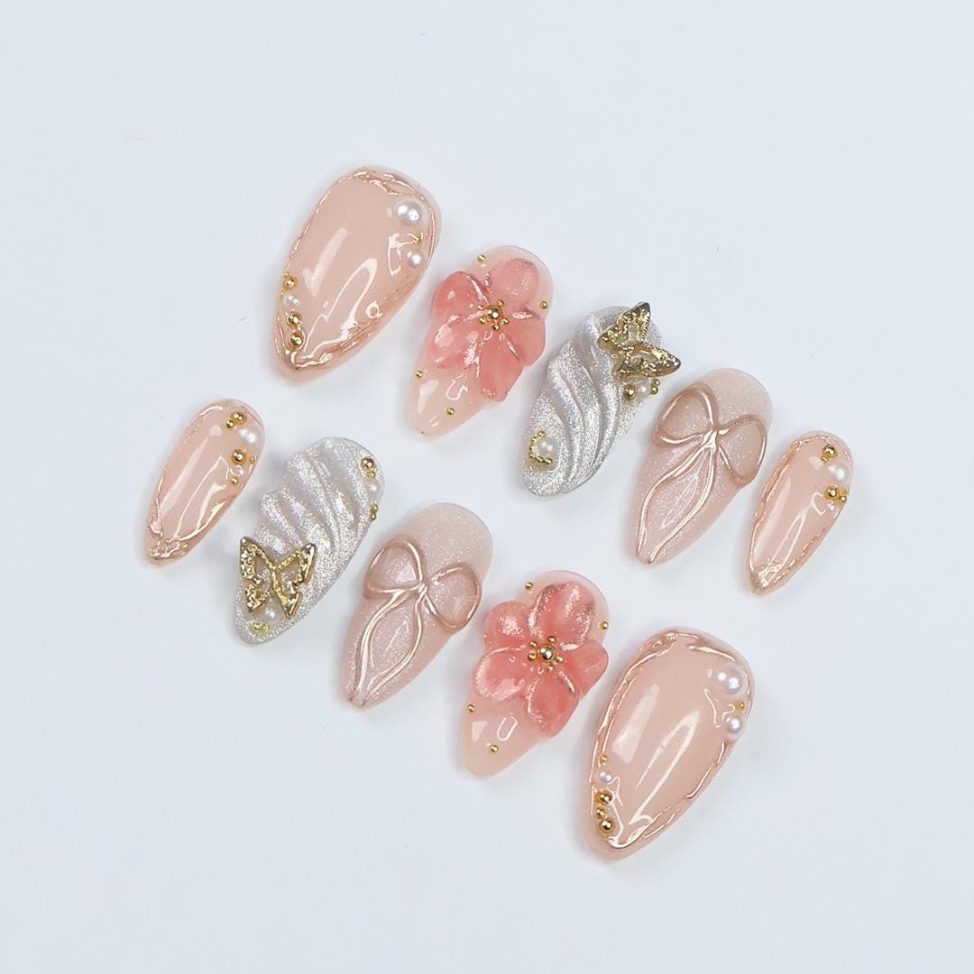 Blush Elegance Press-On Nails with 3D Flowers, Bows & Gold Details - Handmade Chic Nails for a Romantic and Glamorous Look or Gift for Her