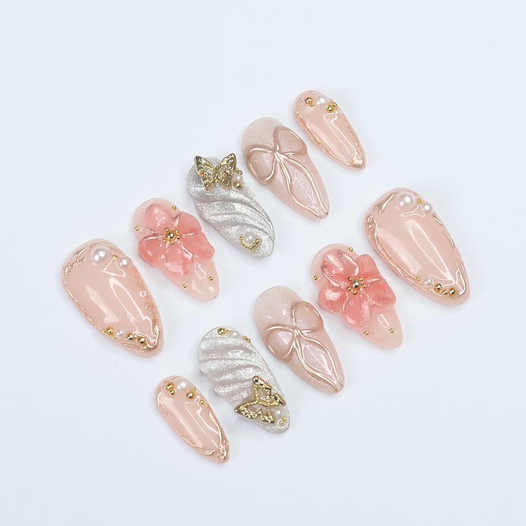 Blush Elegance Press-On Nails with 3D Flowers, Bows & Gold Details - Handmade Chic Nails for a Romantic and Glamorous Look or Gift for Her