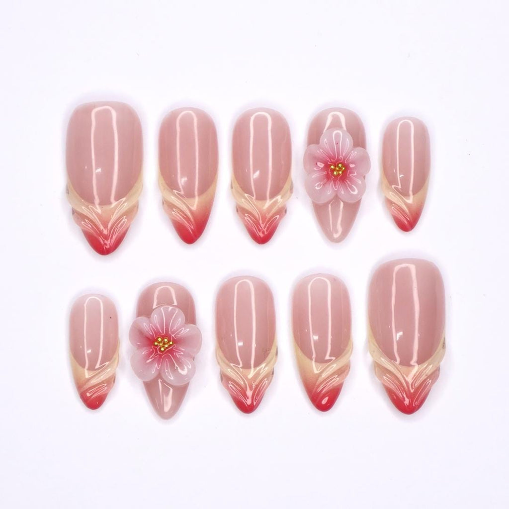 Blooming Grace Almond Press-On Nails with 3D Floral Accent & Blush Ombre - Handmade Elegant Nails for a Romantic, Chic Look or Gift for Her