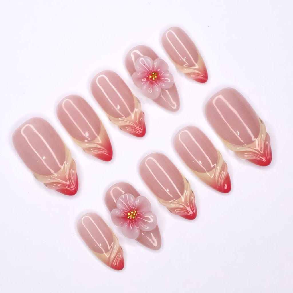Blooming Grace Almond Press-On Nails with 3D Floral Accent & Blush Ombre - Handmade Elegant Nails for a Romantic, Chic Look or Gift for Her