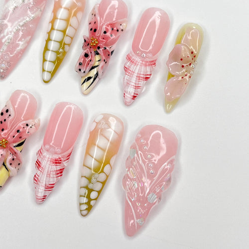 Butterfly Bloom Stiletto Press-On Nails with 3D Floral Accents & Plaid Details - Handmade Whimsical Nails for a Unique, Elegant Look or Gift