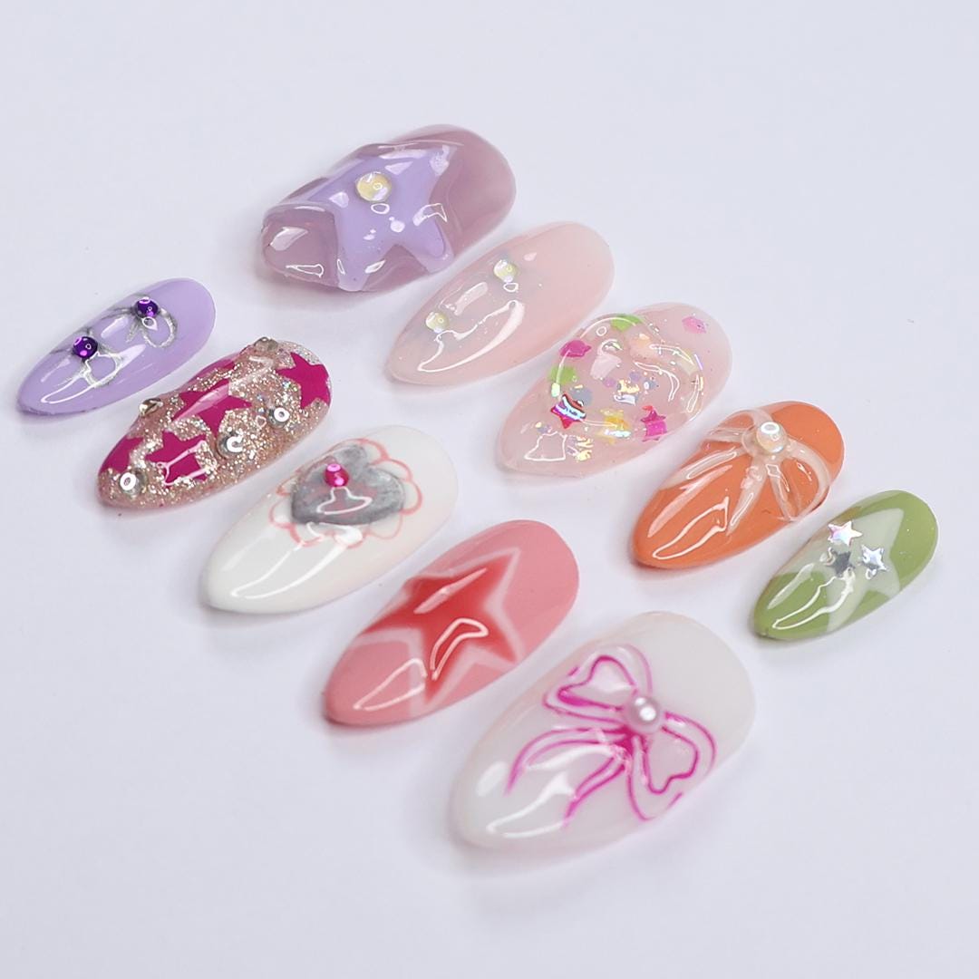 Freestyle 3D Medium Almond Press On Nails, Colourful Cute Handpainted Fake Nails, Holiday Birthday Event Nails Art