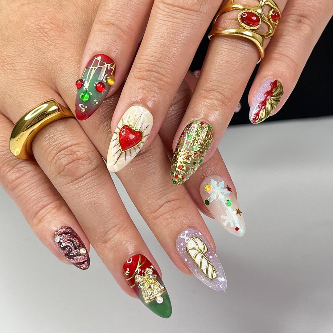 Unique Christmas Design Medium Almond Press On Nails - Luxurious Red & Green Holiday Nail Art , Gift for Her