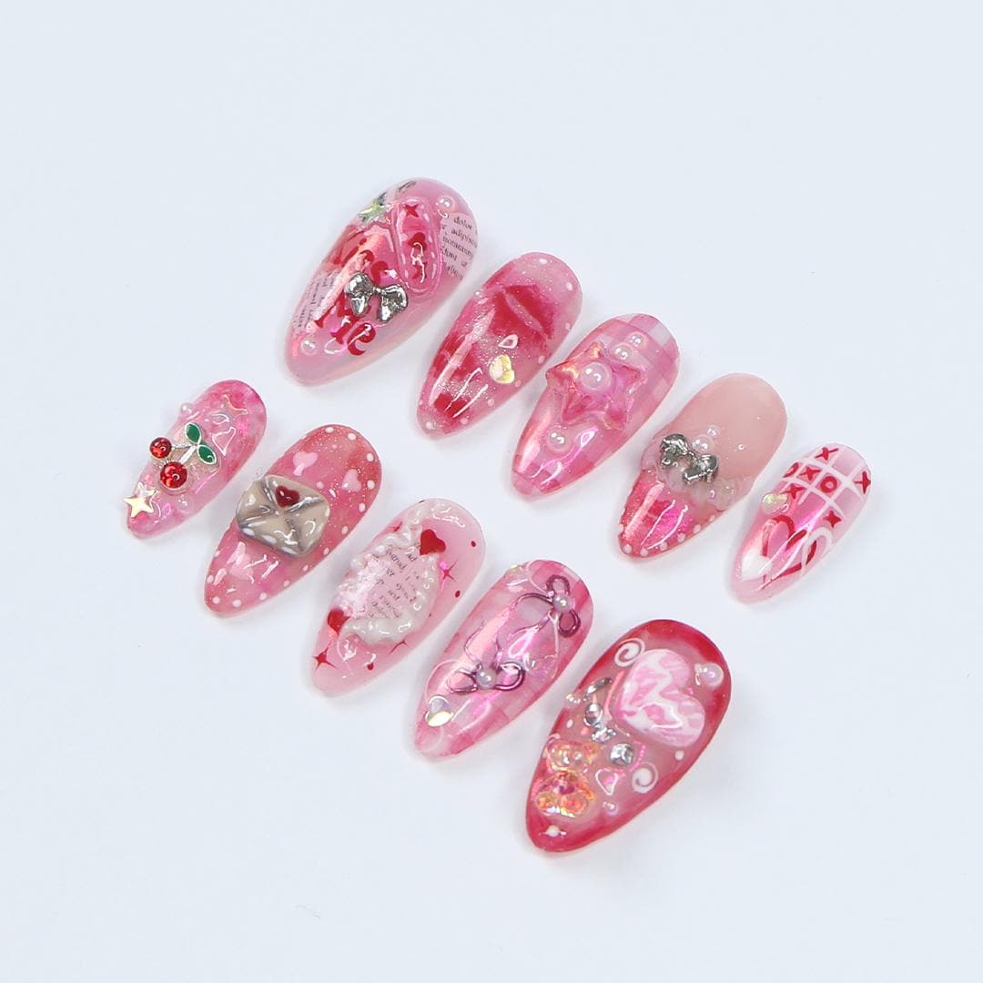 Kiss Me XO Pink Press-On Nails with Pearls, Bows & 3D Charms - Handmade Statement Nails for a Cute, Romantic and Playful Look or Gift