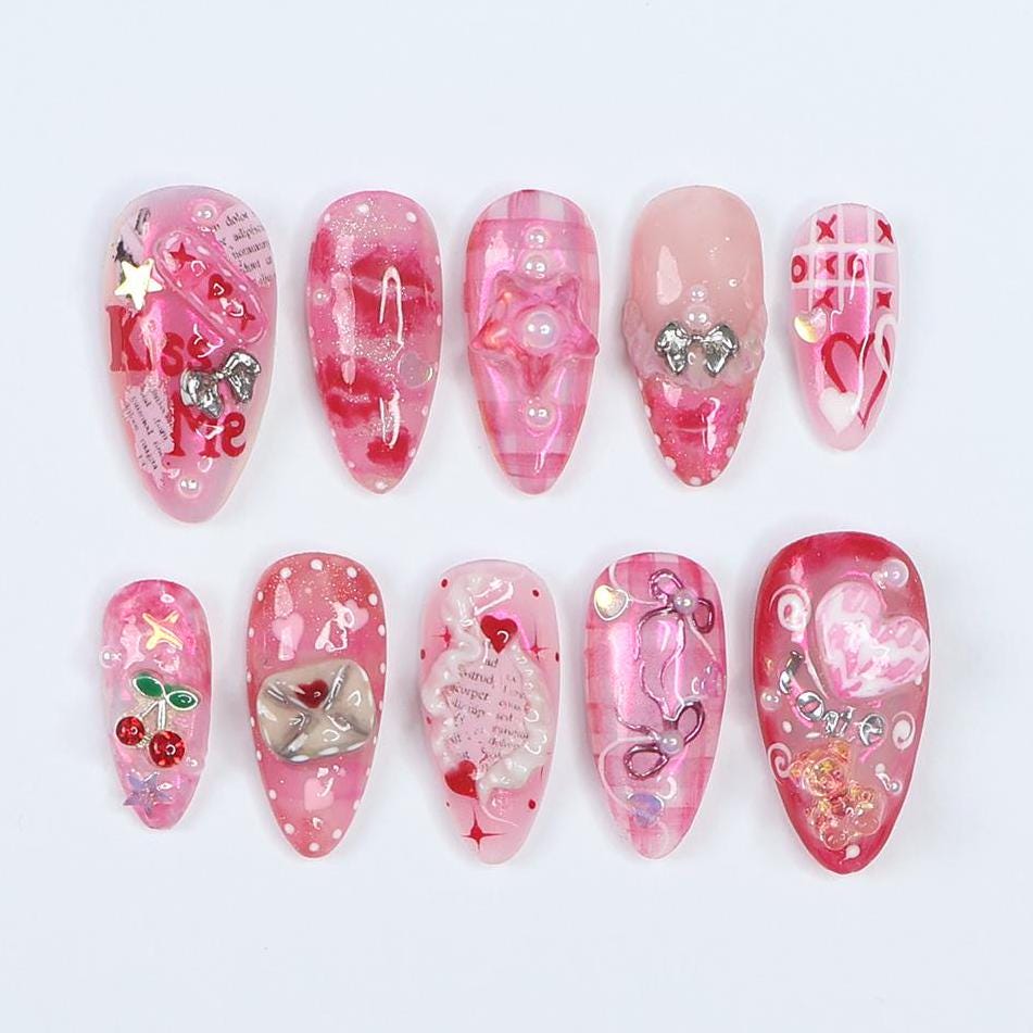 Kiss Me XO Pink Press-On Nails with Pearls, Bows & 3D Charms - Handmade Statement Nails for a Cute, Romantic and Playful Look or Gift