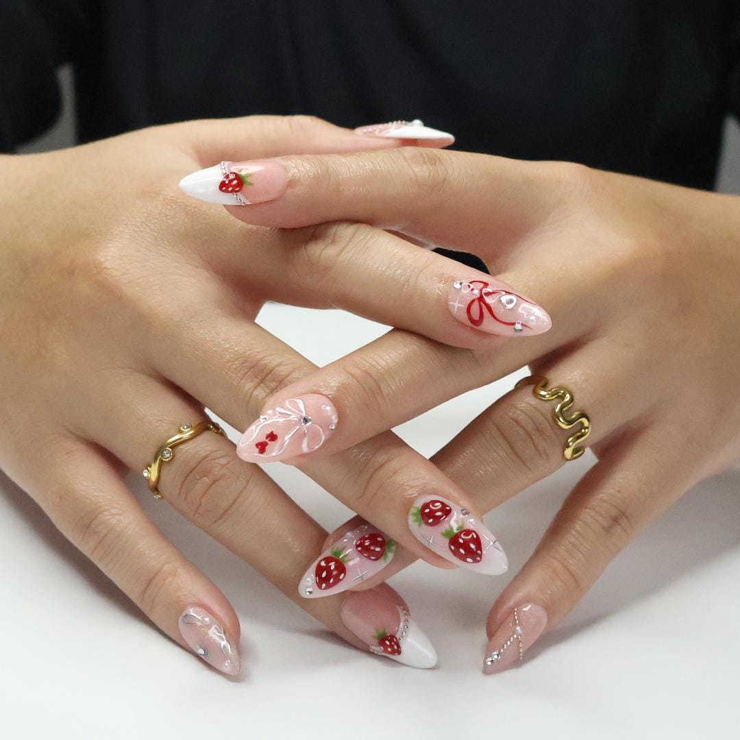 Love at First Berry Almond Press-On Nails with Strawberries, Pearls & Bows - Handmade Statement Nails for a Sweet and Elegant Look or Gift