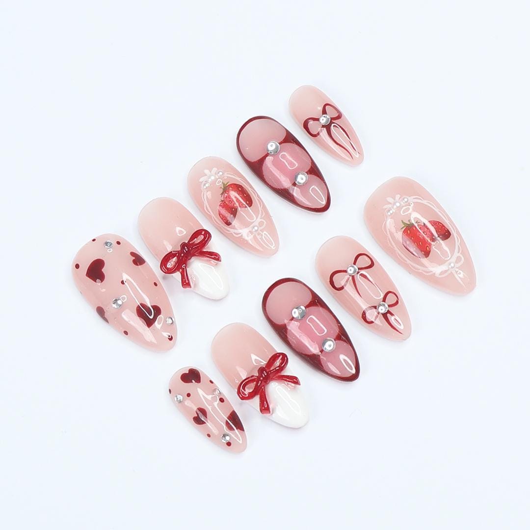 Berry Love Almond Press-On Nails with 3D Bows, Hearts & Strawberries - Handmade Statement Nails for a Romantic and Elegant Look or Gift