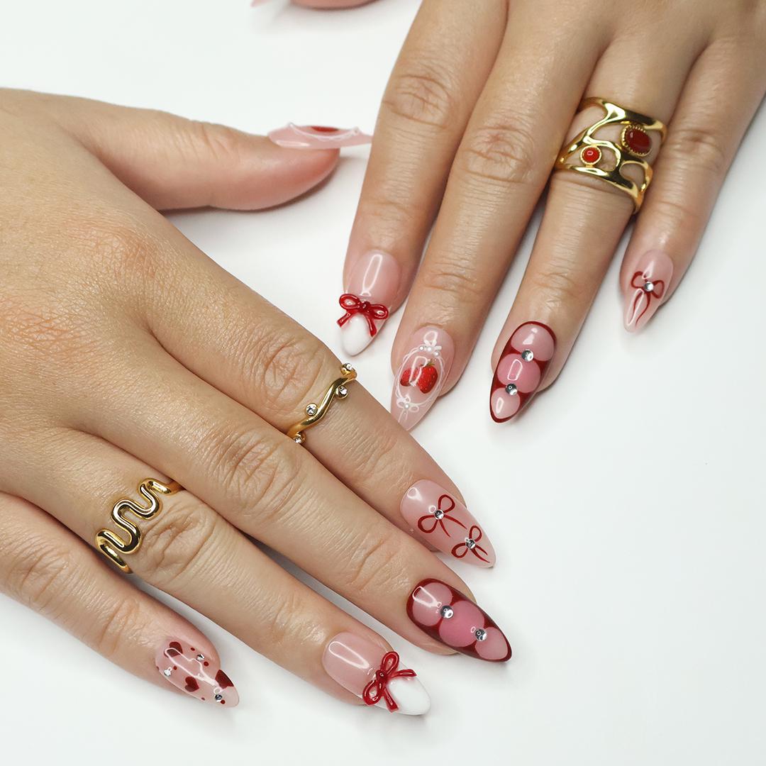 Berry Love Almond Press-On Nails with 3D Bows, Hearts & Strawberries - Handmade Statement Nails for a Romantic and Elegant Look or Gift