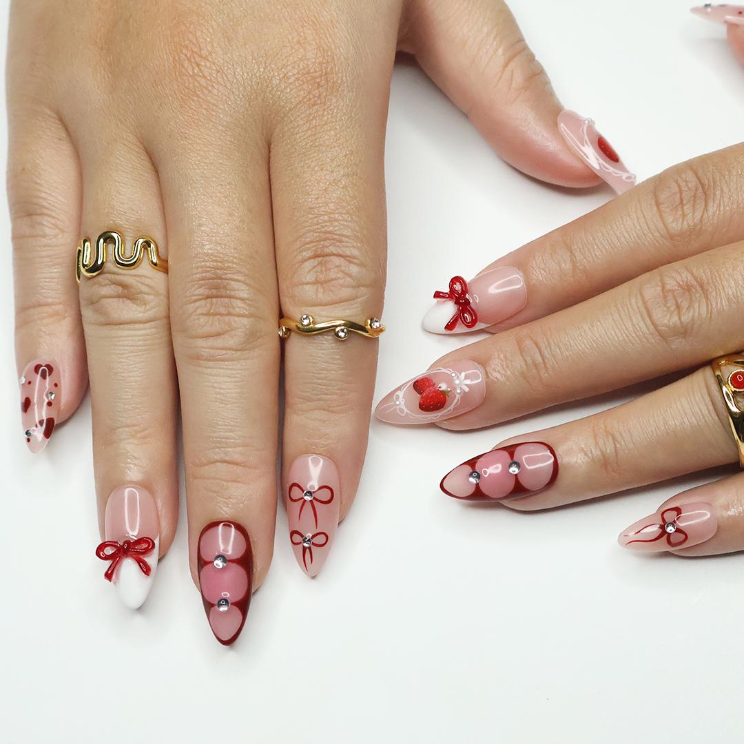 Berry Love Almond Press-On Nails with 3D Bows, Hearts & Strawberries - Handmade Statement Nails for a Romantic and Elegant Look or Gift