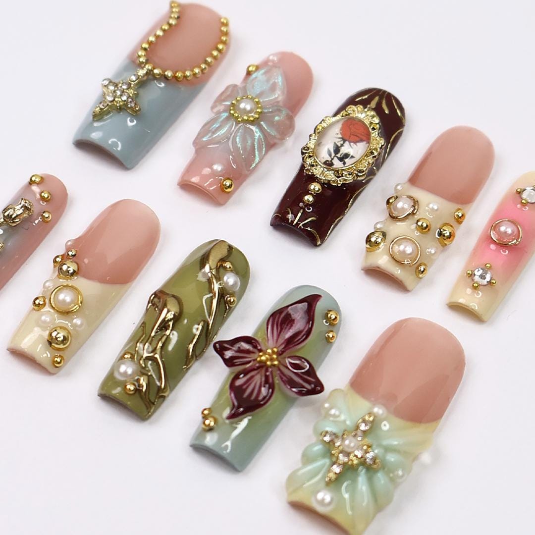 Elysian Romantic Press-On Nails - 3D Flowers, Gold & Pearl Details, Handmade Long Square Nails for Classic Elegance, Events and Gift For Her