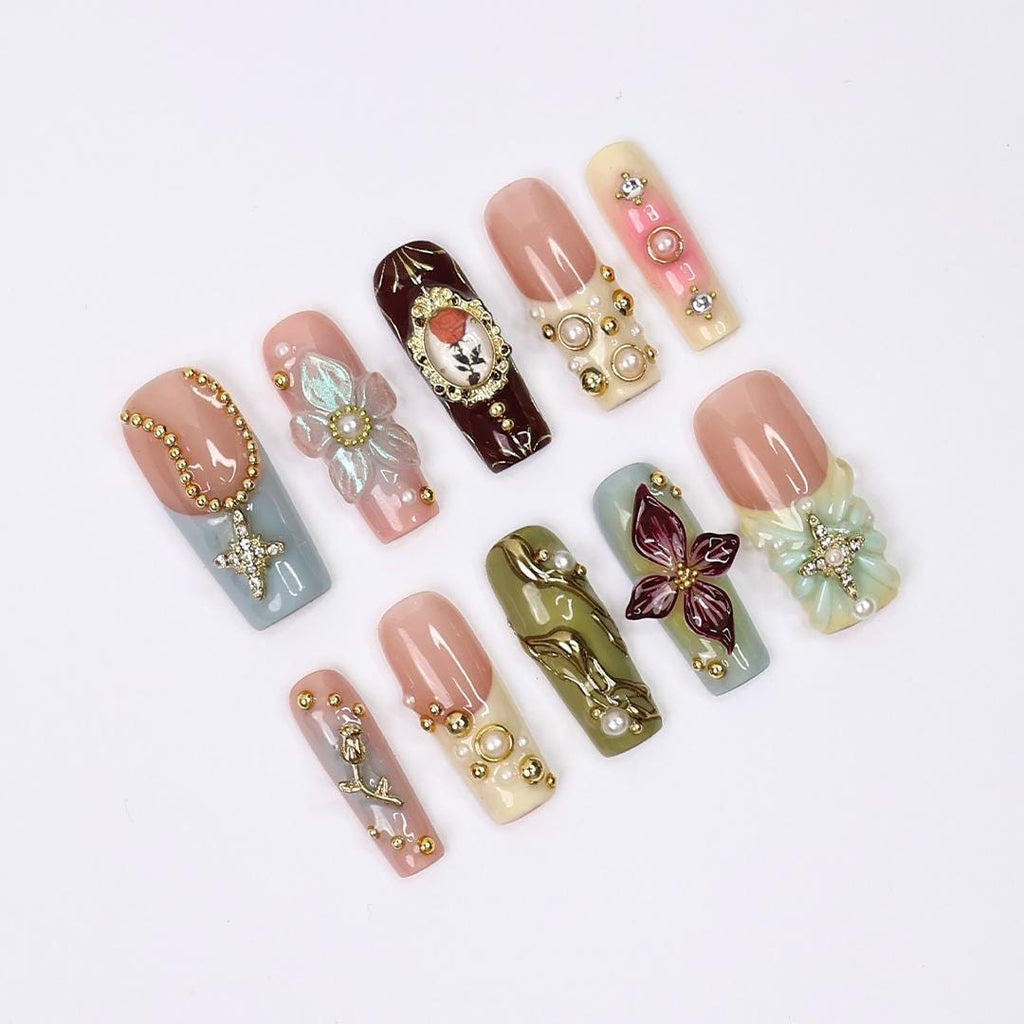 Elysian Romantic Press-On Nails - 3D Flowers, Gold & Pearl Details, Handmade Long Square Nails for Classic Elegance, Events and Gift For Her