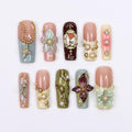 Elysian Romantic Press-On Nails - 3D Flowers, Gold & Pearl Details, Handmade Long Square Nails for Classic Elegance, Events and Gift For Her